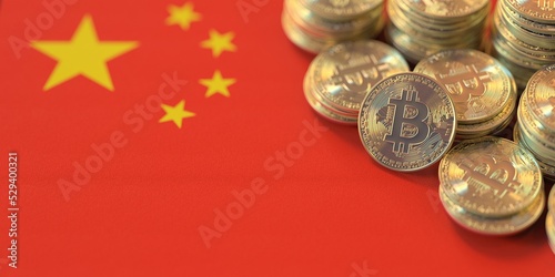 Pile of bitcoins and flag of China. National cryptocurrency regulations conceptual 3d rendering