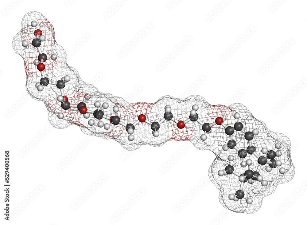 Triton x100 detergent molecule. 3D rendering. Atoms are represented as