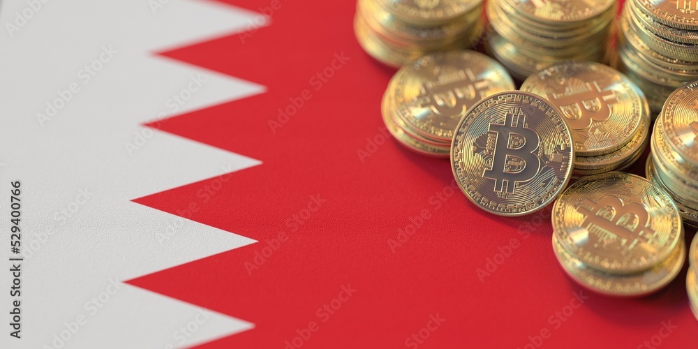 Flag of Bahrain and many bitcoins. National cryptocurrency regulations concept, 3d rendering