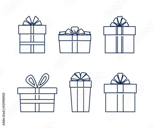 Line art icons gifts with bows. Outline present box icon collection with different bows. Holiday greeting gift package