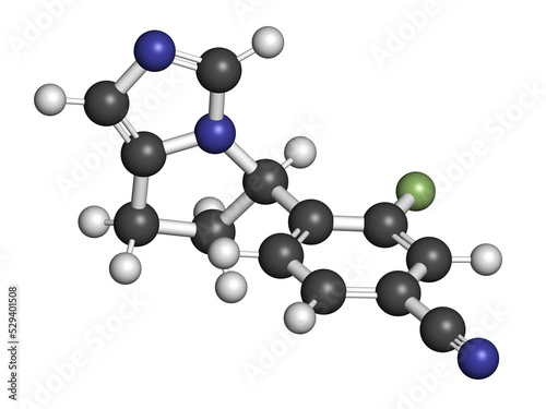 Osilodrostat Cushing's syndrome drug molecule. 3D rendering. Atoms are represented as spheres with conventional color coding: hydrogen (white), carbon (grey), nitrogen (blue), fluorine (light green). photo