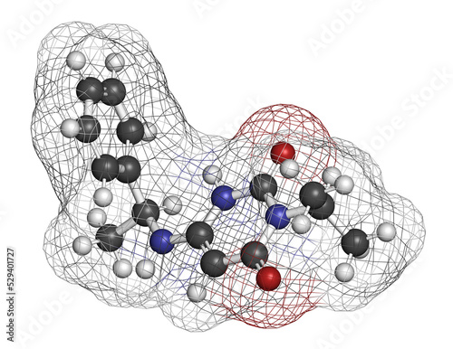 Mavacamten drug molecule. 3D rendering. Atoms are represented as spheres with conventional color coding: hydrogen (white), carbon (grey), nitrogen (blue), oxygen (red).