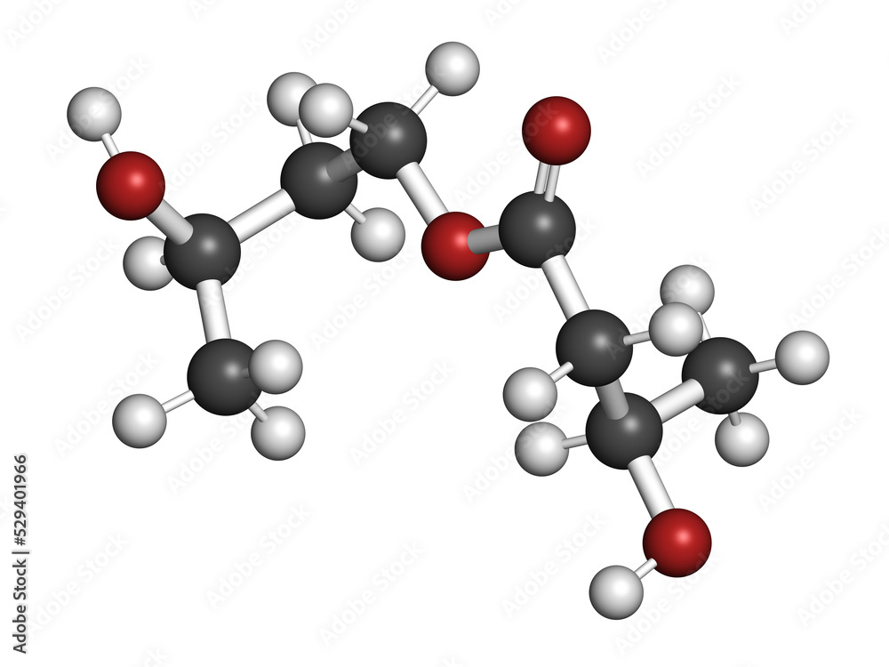 Ketone ester molecule. Present in drinks to induce ketosis. 3D rendering. Atoms are represented as spheres with conventional color coding: hydrogen (white), carbon (grey), oxygen (red). Ketone ester molecule. Present in drinks to induce ketosis. 3D rendering. Atoms are represented as spheres with conventional color coding: hydrogen (white), carbon (grey), oxygen (red).