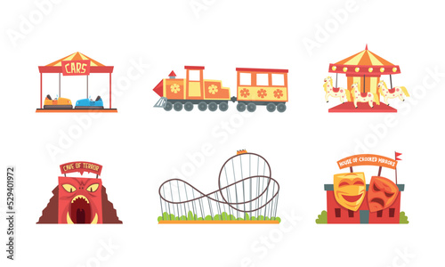 Amusement Park Attraction with Thrill Rides and Carousel for Entertainment Vector Set