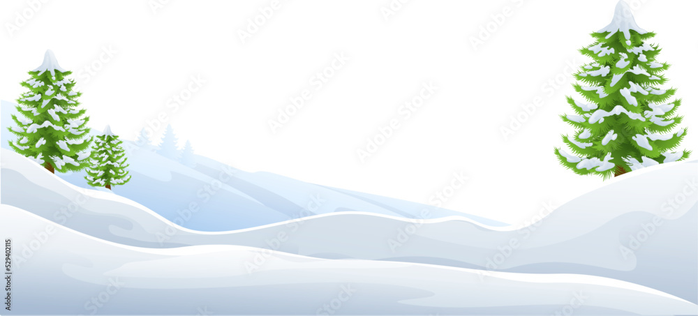 A snow winter Christmas landscape scene with snowy trees