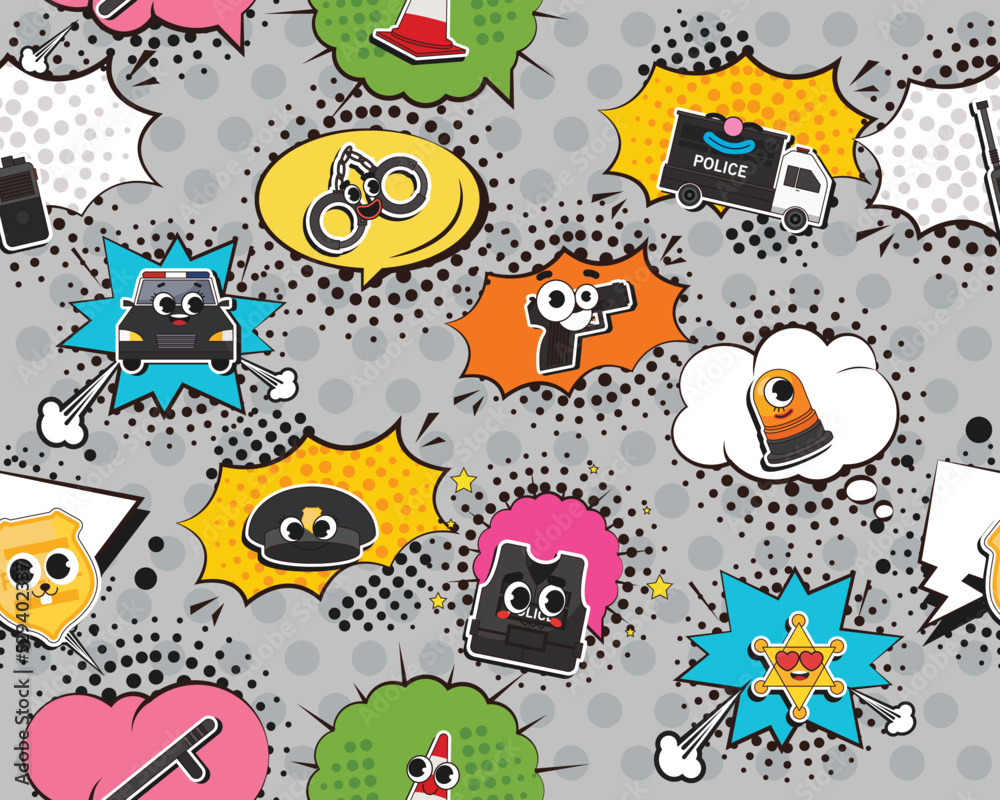 Vector flat seamless texture pattern Hand drawn flat trendy cartoon elements collection Police department Vector flat seamless texture pattern Hand drawn flat trendy cartoon elements collection Police department