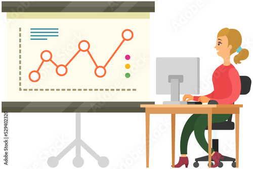 Analytics and development statistics. Web analysis measure, product testing technology. Woman analyses digital report. Statistical indicators and data on diagram. Graphic information visualization