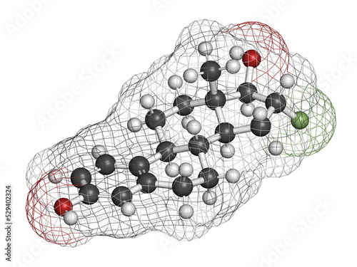Fluoroestradiol F-18 diagnostic molecule. 3D rendering. Atoms are represented as spheres with conventional color coding: hydrogen (white), carbon (grey), oxygen (red), fluorine (light green).