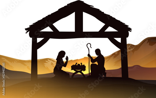 Traditional Christian Christmas Nativity Scene of baby Jesus in the manger with Mary and Joseph in silhouette