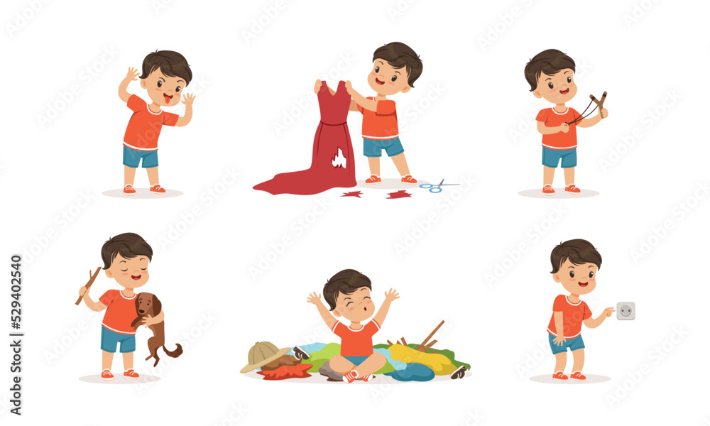 Naughty Little Boy Playing Games and Making Mess Around Vector Set