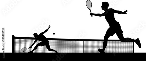Tennis match silhouette scene with men players playing across net scene