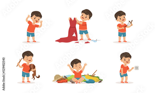 Naughty Little Boy Playing Games and Making Mess Around Vector Set