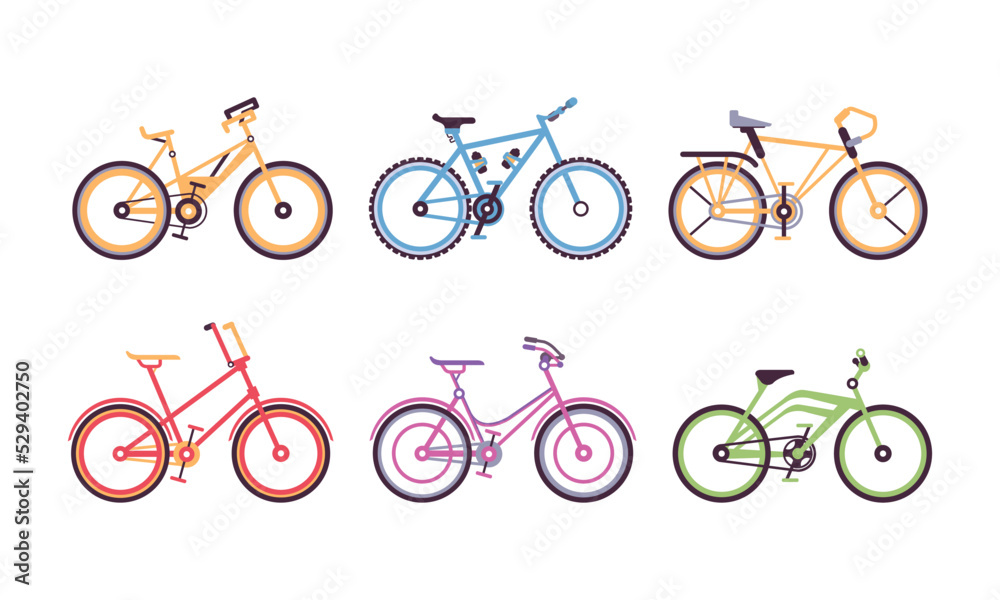Different Bicycles or Cycle with Pedal and Two Wheels Attached to Frame Vector Set Different Bicycles or Cycle with Pedal and Two Wheels Attached to Frame Vector Set