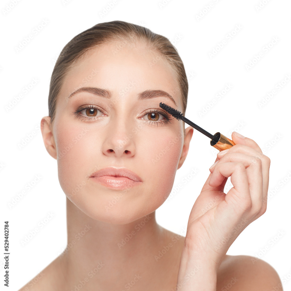 Makeup, beauty and mascara on the face of a woman, happy with cosmetic product on a png, transparent and mockup or isolated background. Portrait of a beautiful girl doing her eyelash morning routine