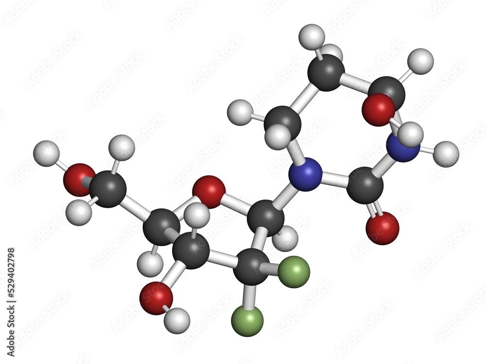 Cedazuridine drug molecule. 3D rendering. Atoms are represented as spheres with conventional color coding: hydrogen (white), carbon (grey), nitrogen (blue), oxygen (red), fluorine (light green). Cedazuridine drug molecule. 3D rendering. Atoms are represented as spheres with conventional color coding: hydrogen (white), carbon (grey), nitrogen (blue), oxygen (red), fluorine (light green).