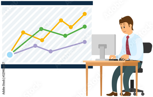 Analytics information and development statistics. Web analysis measure, product testing technology. Man analyses dashboard seo optimization, digital report. Statistical indicators and data on diagram