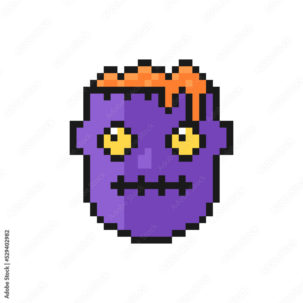 Zombie head Halloween icon in pixel art design isolated on white background, monster face vector sign symbol. Zombie head Halloween icon in pixel art design isolated on white background, monster face vector sign symbol.
