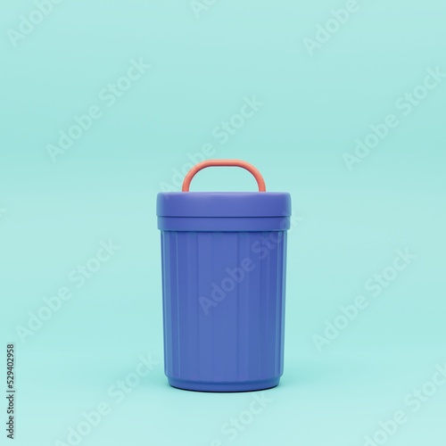 3D rendering Cartoon minimal style open blue trash on blue pastel background, environment concept ,waste ,copy space, illustration