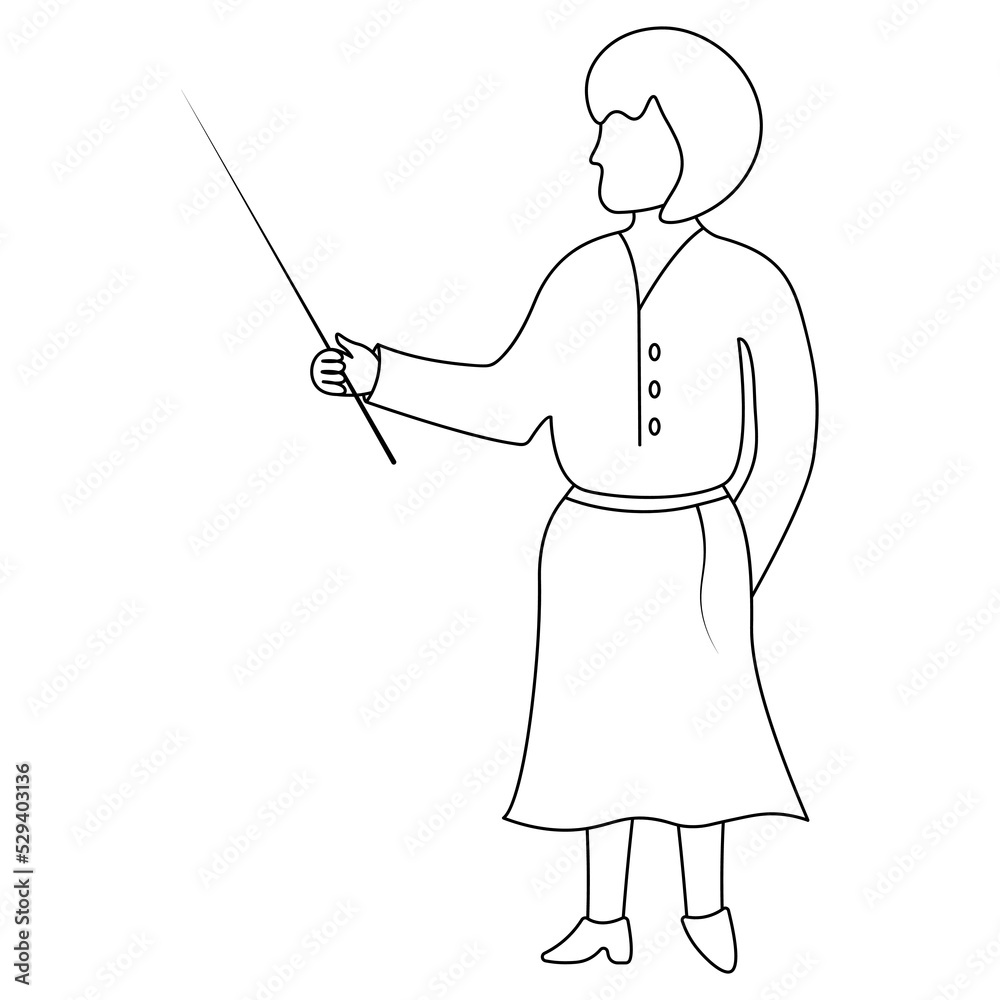 The teacher teaches a lesson at school. Sketch. The woman is holding a pointer in her hand. Vector illustration. School theme. Coloring book for children. Doodle style. Outline on isolated background. The teacher teaches a lesson at school. Sketch. The woman is holding a pointer in her hand. Vector illustration. School theme. Coloring book for children. Doodle style. Outline on isolated background.