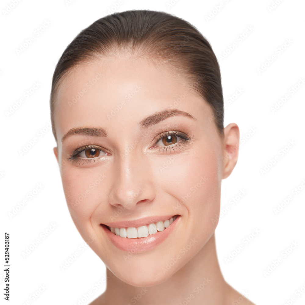 Obraz premium Skincare, beauty and face of a woman with a happy smile, teeth and clean skin on a png, transparent and isolated or mockup background. Portrait of good hygiene, health and dental care or wellness