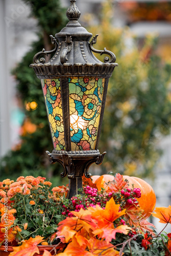 Photography Handmade stained glass street lamp and flowers in the center of Moscow