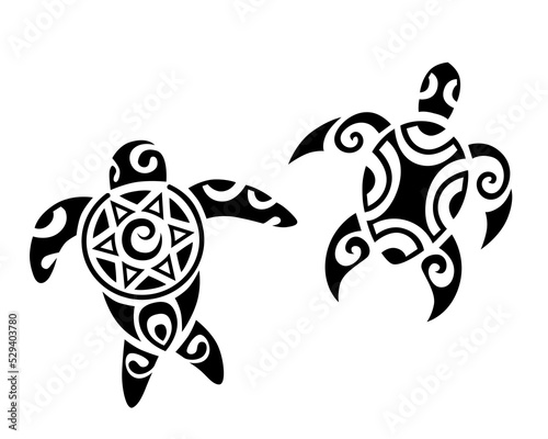 Set of sea turtles Maori style. Tattoo sketch. For print, t-shirt, cards, fabric, tattoo.