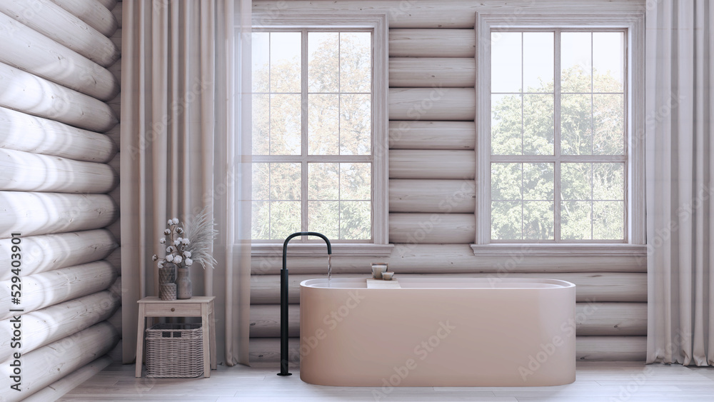 Wooden farmhouse log cabin in bleached and beige tones. Vintage bathroom with bathtub, panoramic windows, rustic interior design - obrazy, fototapety, plakaty 
