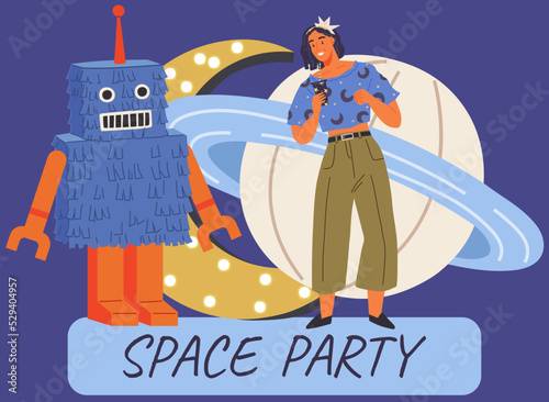 Animators birthday party in cosmic style. Theme party in costumes. Dancing people in costumes have fun at space party. Characters in self made outfits surrounded by cosmic bodies, space disco poster