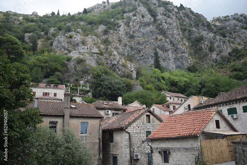 roofs of houses and high mountains in Kotor  Montenegro