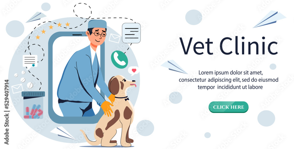 Vet clinic. Vector stock illustration. Flat style. Character with a pet. Web site. Online reception and call a specialist at home. Vet clinic. Vector stock illustration. Flat style. Character with a pet. Web site. Online reception and call a specialist at home.