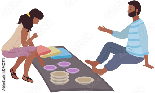 Eastern bazaar, indian seller sell pottery, bowls and plates. Woman shopper at asian street market with authentic goods. Local trade. Indian merchant marketplace. Male salesman sells handmade dishes