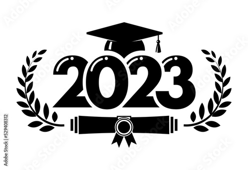 2023 class graduate. The concept of decorate congratulation with  laurel wreath for school graduates. Design for t-shirt, flyer, invitation, greeting card. Illustration, vector