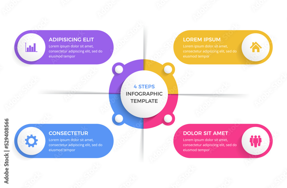 Circle diagram with 4 steps with place for your text and icons, infographic template Circle diagram with 4 steps with place for your text and icons, infographic template
