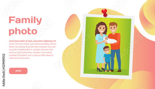 Family photo landing page template. Portrait in frame, adults and children. Photo for memory, sweet memories or interior decor. Mom dad and kids on yellow background. Family photographer website