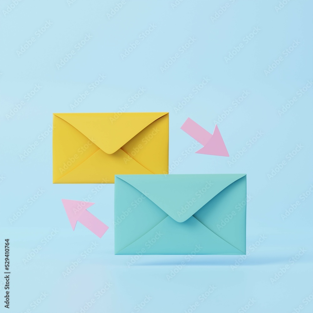 Mail envelopes. Online correspondence, incoming and outgoing mail message concept. 3d rendering icon. Cartoon minimal style. Mail envelopes. Online correspondence, incoming and outgoing mail message concept. 3d rendering icon. Cartoon minimal style.