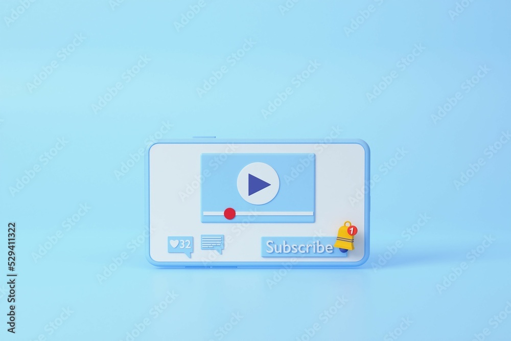 Mobile modern playing video floating on blue background, wireless media connection Online multimedia concept. subscribe ,banner ,copy space, 3d render illustration Mobile modern playing video floating on blue background, wireless media connection Online multimedia concept. subscribe ,banner ,copy space, 3d render illustration