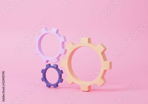 3D isometric three gears icon on pink background. engineering teamwork concept. minimal cartoon sytle. 3d render illustration