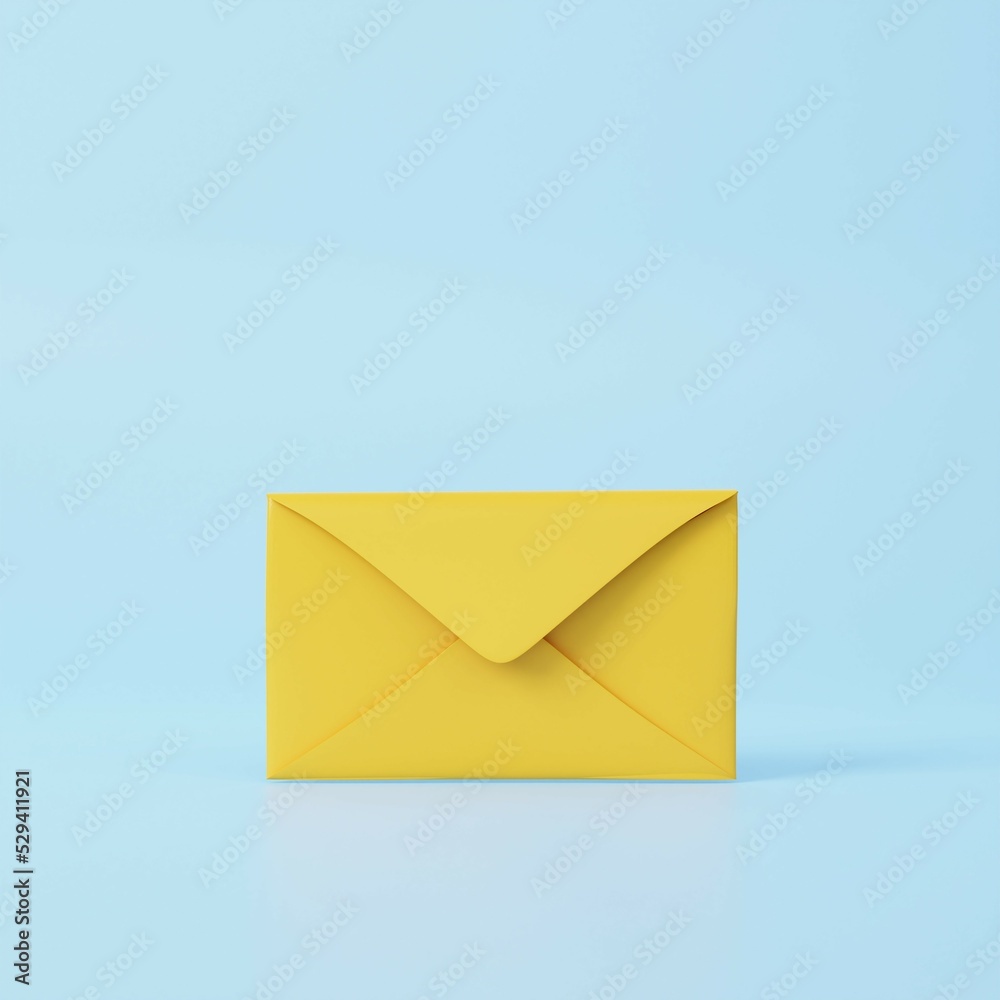 Mail envelope isolated on pastel blue background. 3d render of new e-mail message notice icon. Concept of subscription to newsletter. 3d rendering illustration of new incoming message. Mail envelope isolated on pastel blue background. 3d render of new e-mail message notice icon. Concept of subscription to newsletter. 3d rendering illustration of new incoming message.