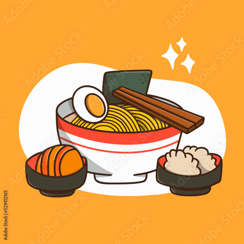 complete ramen dumpling katsu set japanese food meal doodle illustration