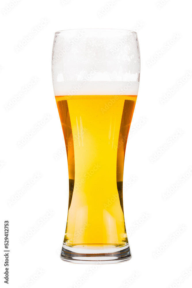 Glass filled with white lager beer with foam Glass filled with white lager beer with foam