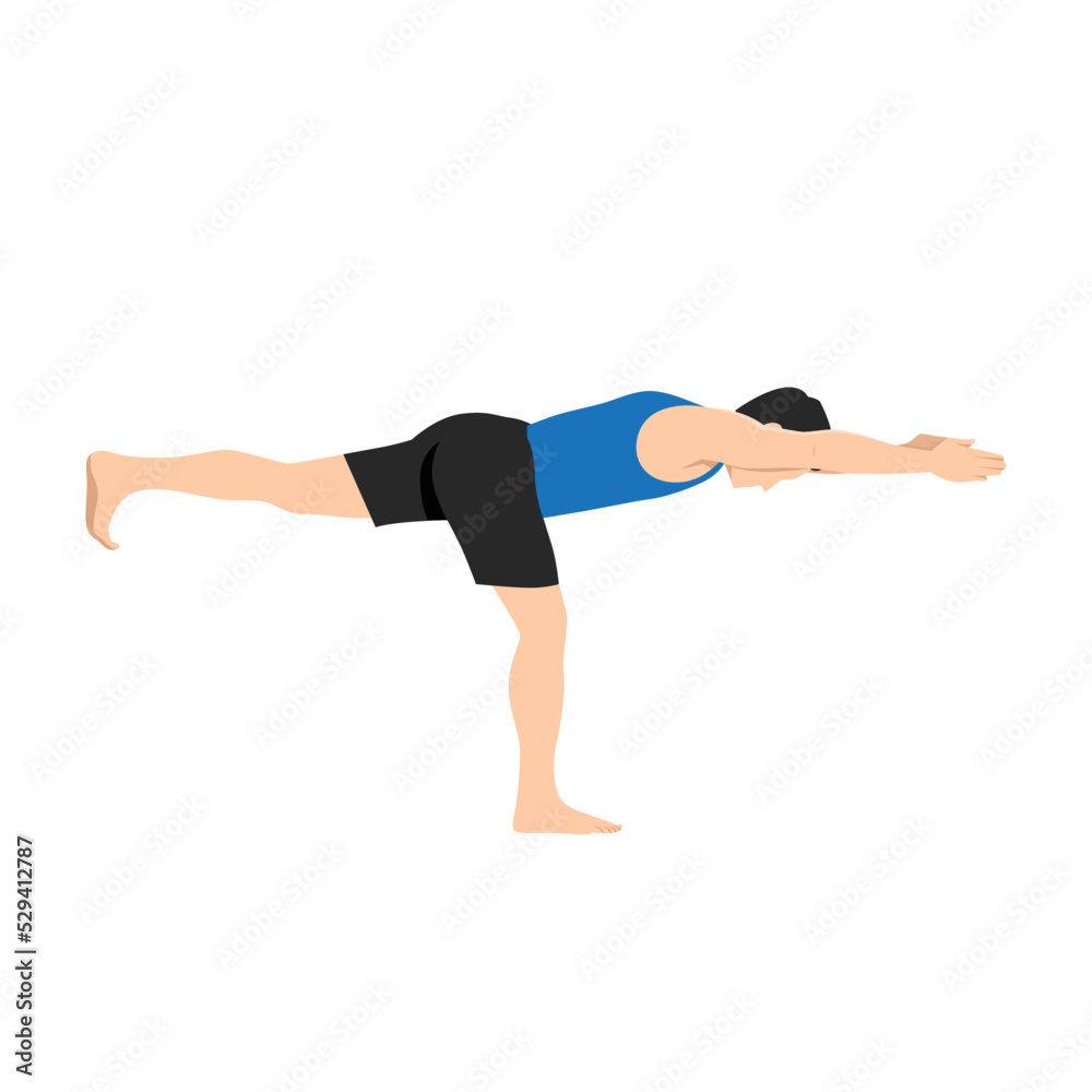Man doing warrior III pose virabhadrasana III exercise. Flat vector illustration isolated on white background Man doing warrior III pose virabhadrasana III exercise. Flat vector illustration isolated on white background