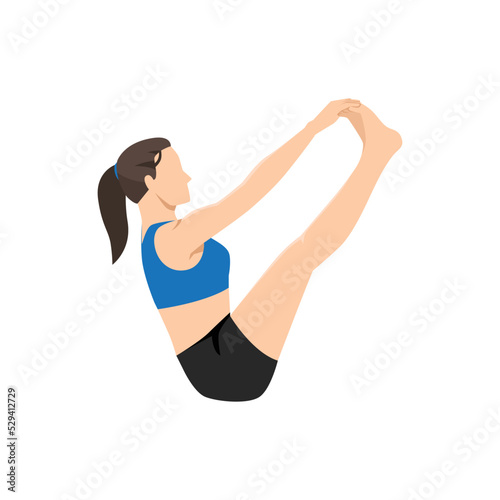 Woman doing Both Big Toe Pose, Double Toe Hold, Balancing Stick Pose, Dronasana. Practice Ubhaya Padangusthasana. Flat vector illustration isolated on white background