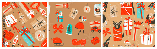Hand drawn vector abstract graphic Merry Christmas and Happy New Year cartoon,illustrations seamless patterns collection set with Santa Claus,gift box and Christmas tree.Christmas background design.