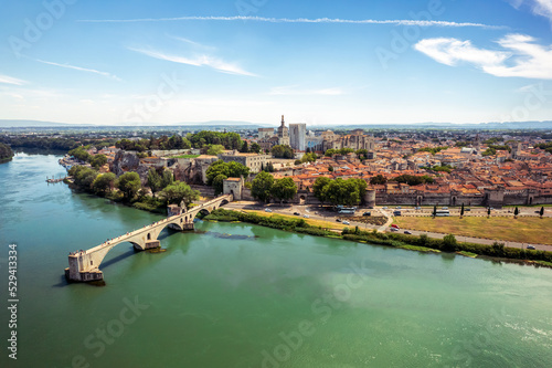 Pont Saint Benezet bridge and Rhone river aerial panoramic view in Avignon. Avignon is a city on the Rhone river in southern France.