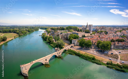 Pont Saint Benezet bridge and Rhone river aerial panoramic view in Avignon. Avignon is a city on the Rhone river in southern France. photo
