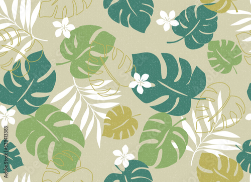トロピカル柄　シームレス　夏　ボタニカル　リーフ　葉　テキスタイル　パターン　デザイン　 Leaf botanical summer tropical background vector illustration