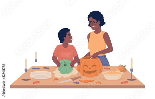 Making pumpkin lantern semi flat color vector characters. Editable figures. Full body people on white. Halloween preparations simple cartoon style illustration for web graphic design and animation
