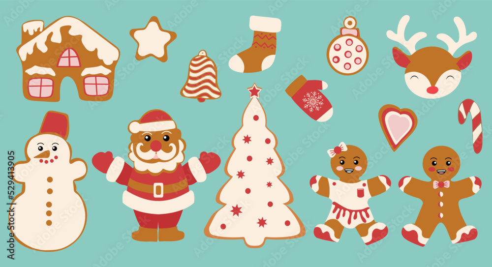 A set of gingerbread cookies. Festive Christmas cookies. Merry Christmas decoration. Celebration of New Year and Christmas. A set of gingerbread cookies. Festive Christmas cookies. Merry Christmas decoration. Celebration of New Year and Christmas.