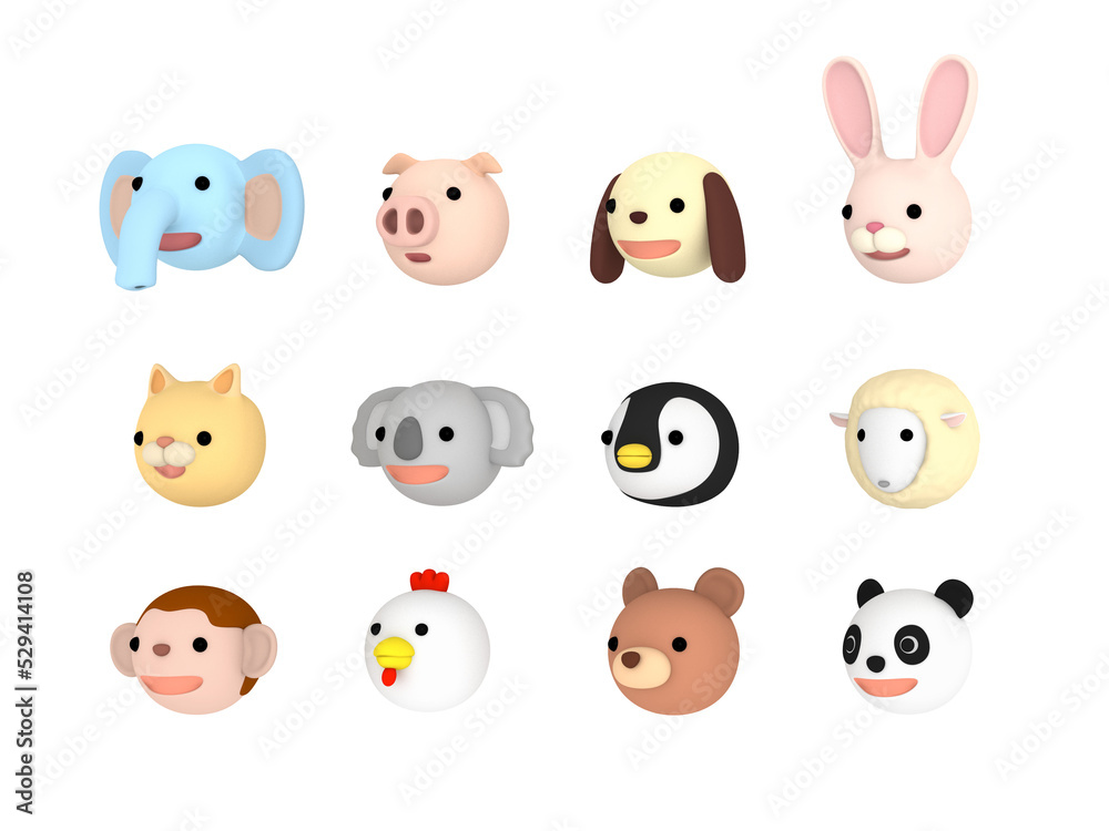 Animal character faces illustration set Left facing , 3D illustration