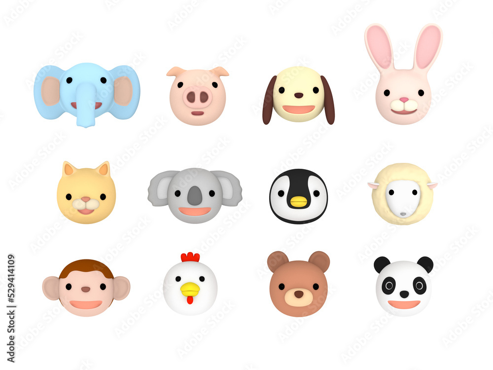 Animal character faces illustration set Front , 3D illustration